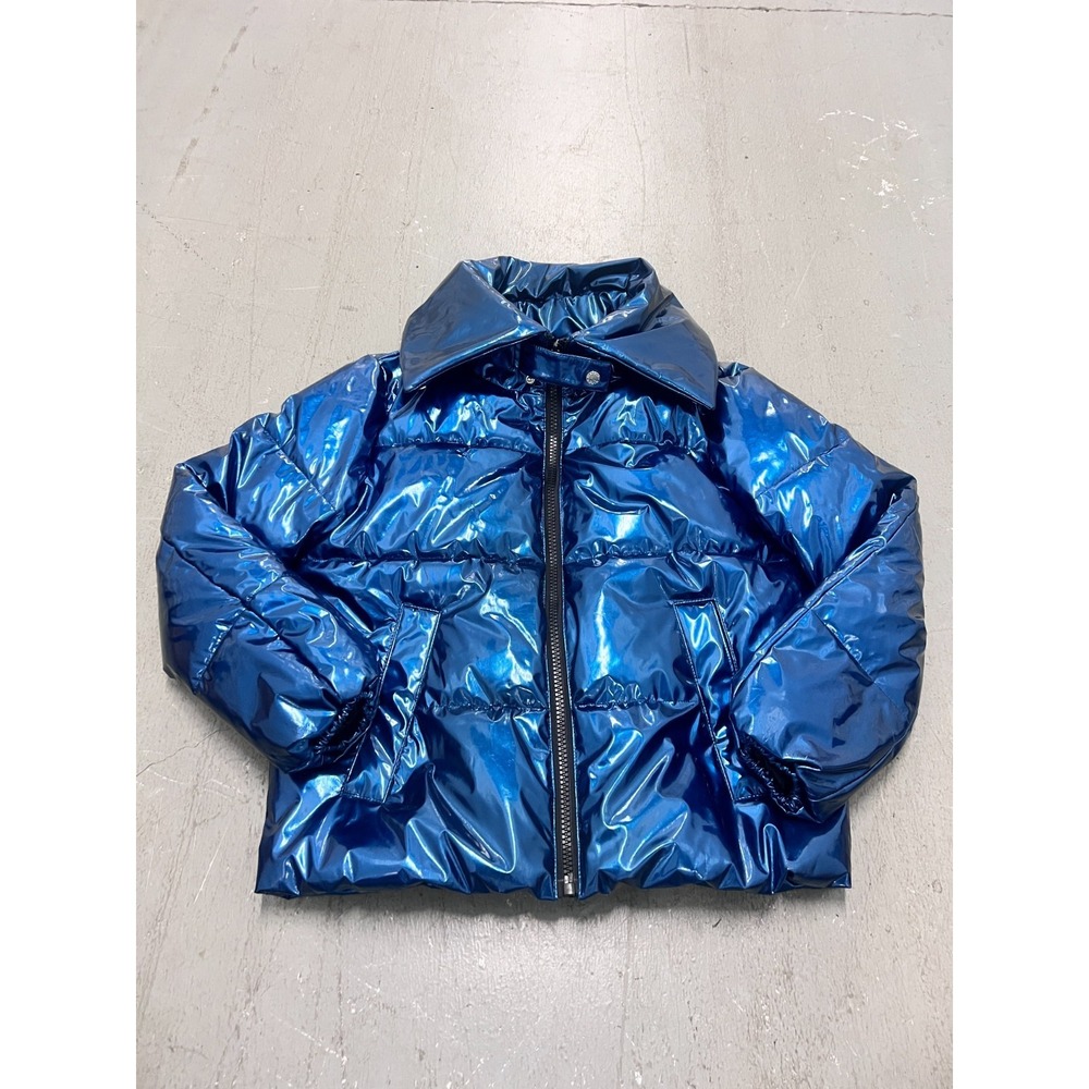 Kendall + Kylie Puffer Jacket Women XS Metallic Blue Full Zip Long Sleeve Winter - Picture 1 of 10